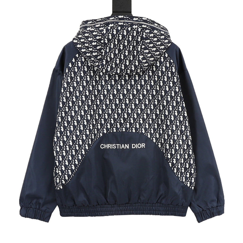 Dior Oblique Spliced Hooded Windbreaker Navy Blue