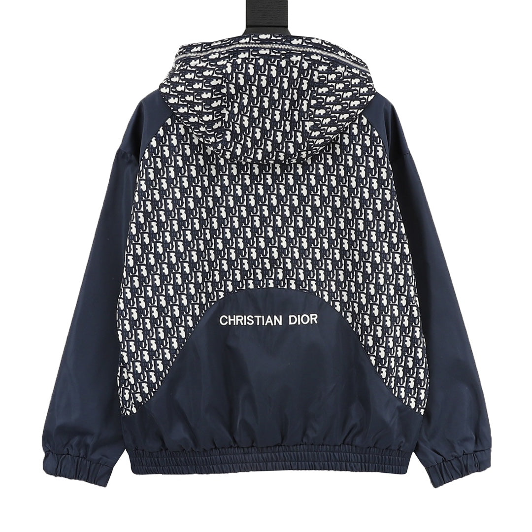 Dior Oblique Spliced Hooded Windbreaker Navy Blue