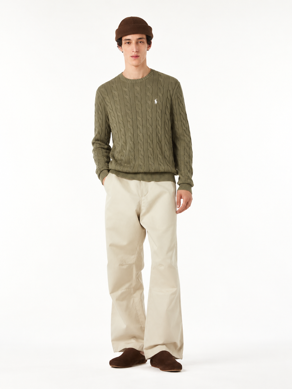 Polo Ralph Lauren Men's Cable Knit Crewneck Sweater Olive Green