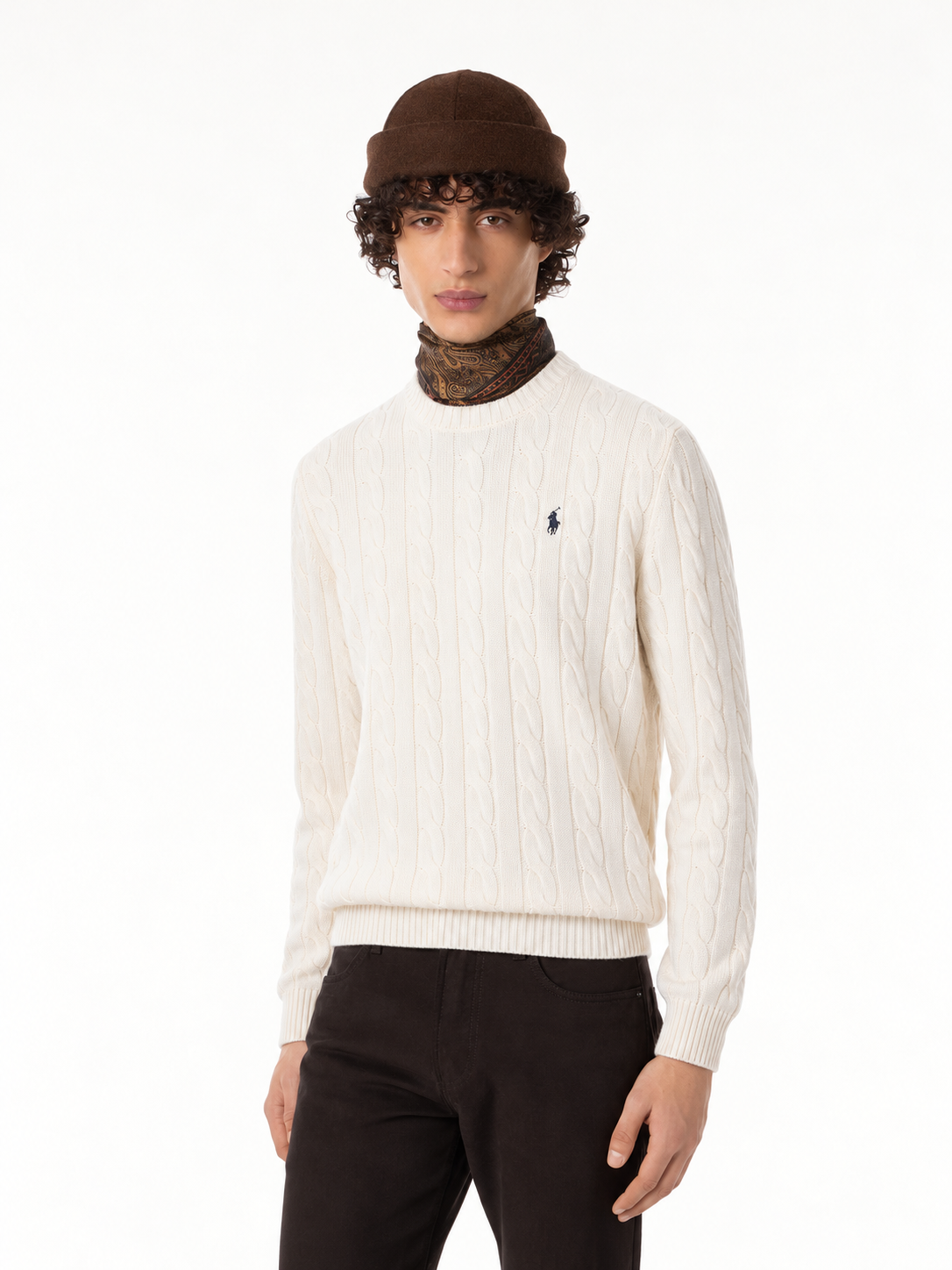 Polo Ralph Lauren Men's Cable Knit Crewneck Sweater Cream White