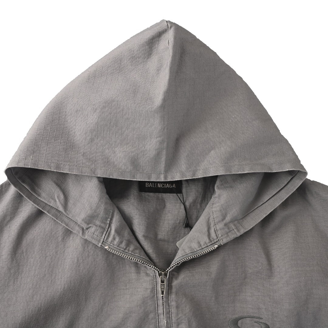 Balenciaga Grey Embroidered Logo Hooded Zip Jacket