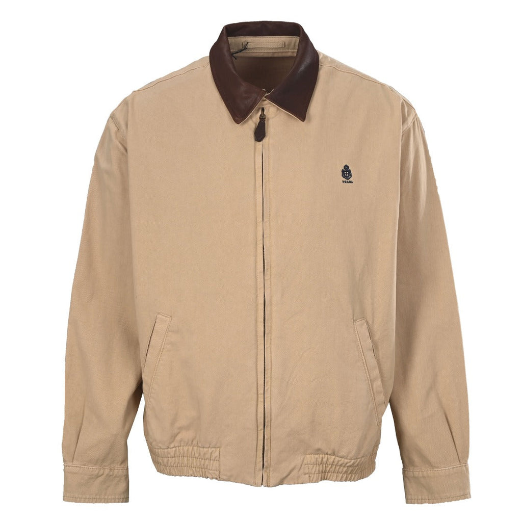 Prada Beige Canvas Harrington Jacket Leather Collar Embroidered Logo