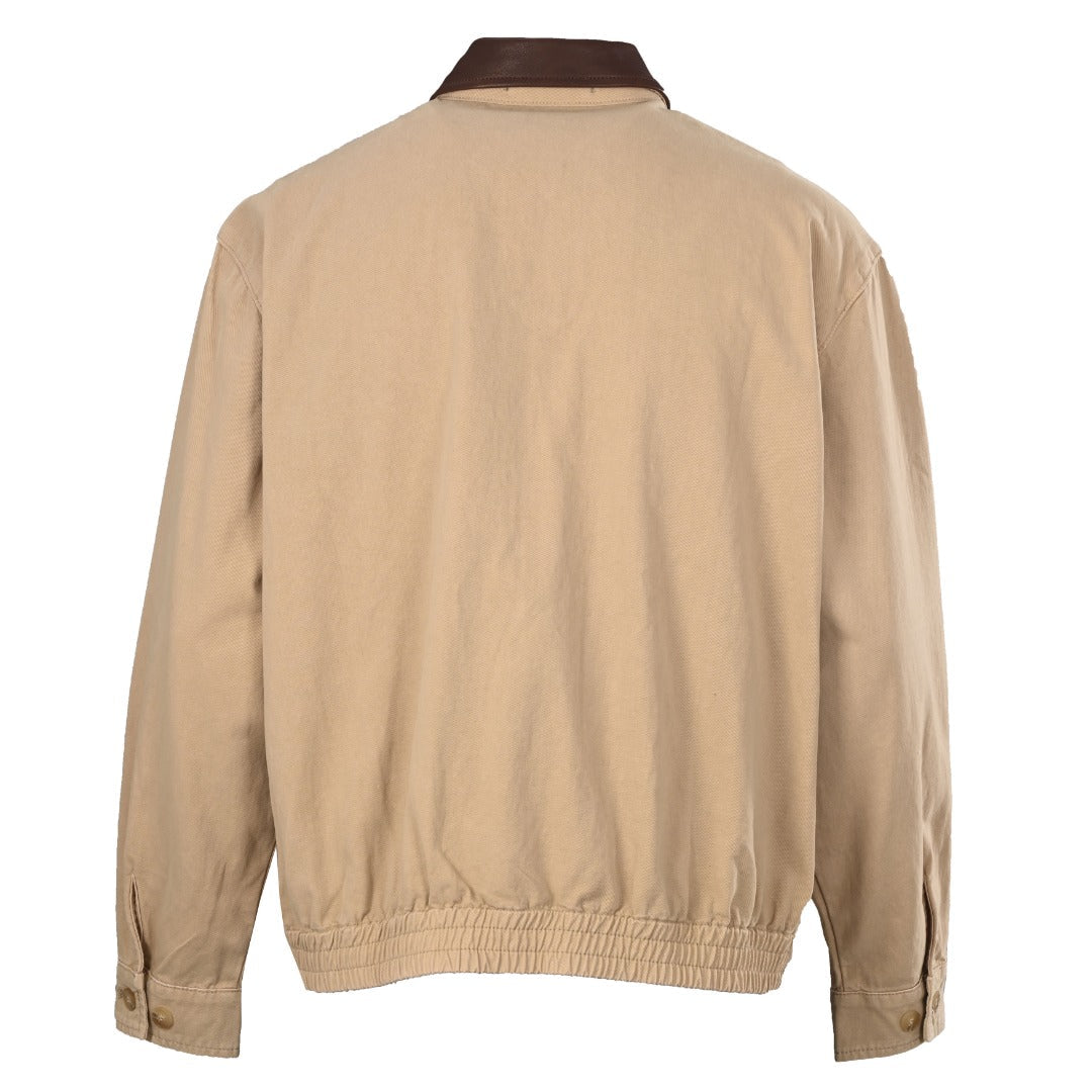 Prada Beige Canvas Harrington Jacket Leather Collar Embroidered Logo