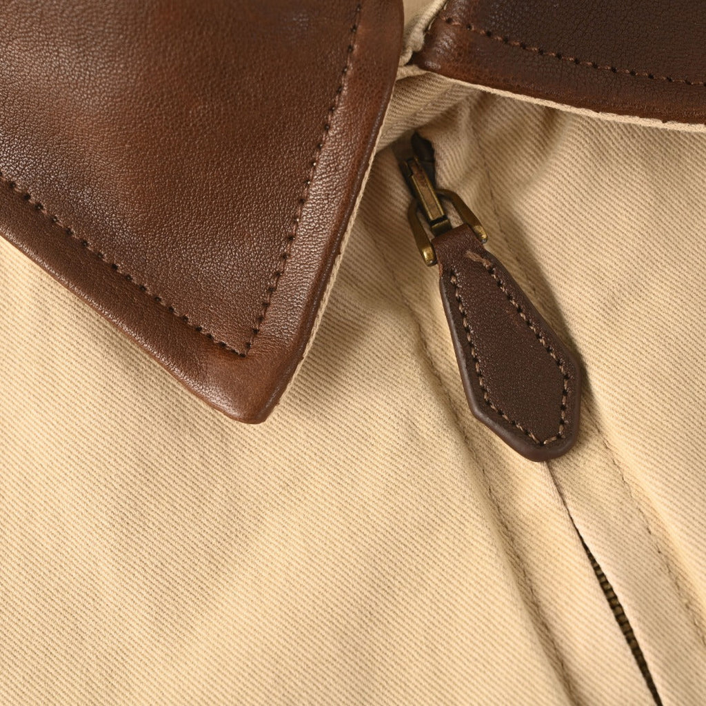 Prada Beige Canvas Harrington Jacket Leather Collar Embroidered Logo