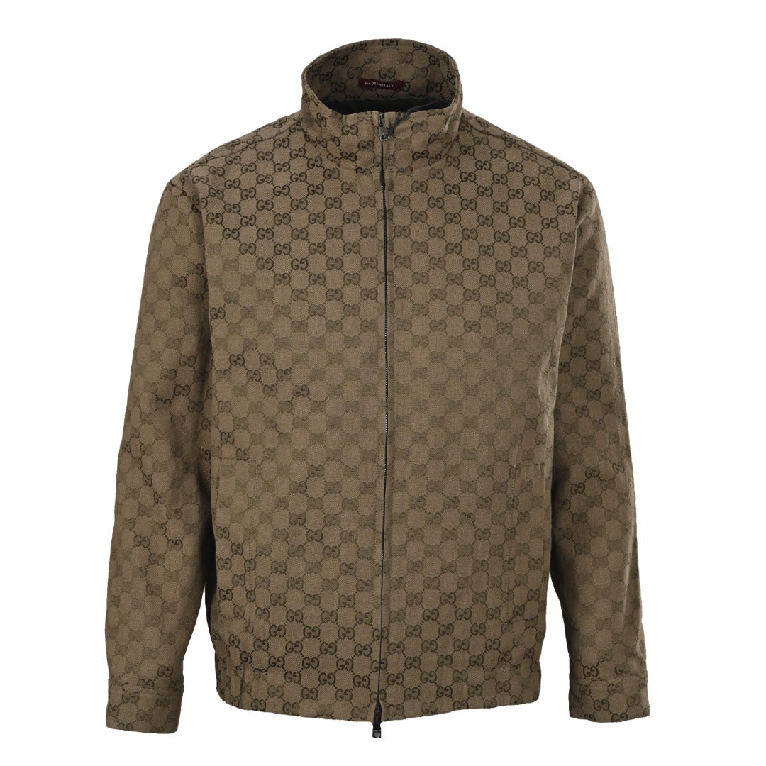 Gucci GG Monogram Khaki Stand Collar Zip Jacket