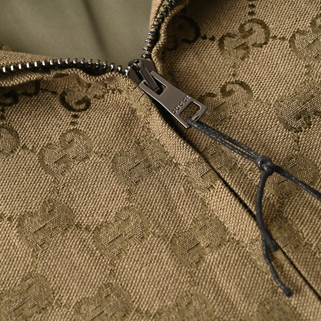 Gucci GG Monogram Khaki Stand Collar Zip Jacket