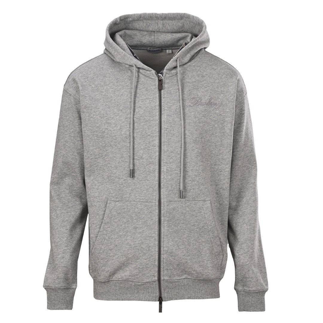 Burberry Grey Script Logo Full Zip Hooded Sweatshirt