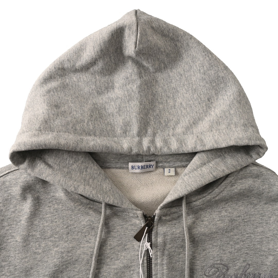 Burberry Grey Script Logo Full Zip Hooded Sweatshirt