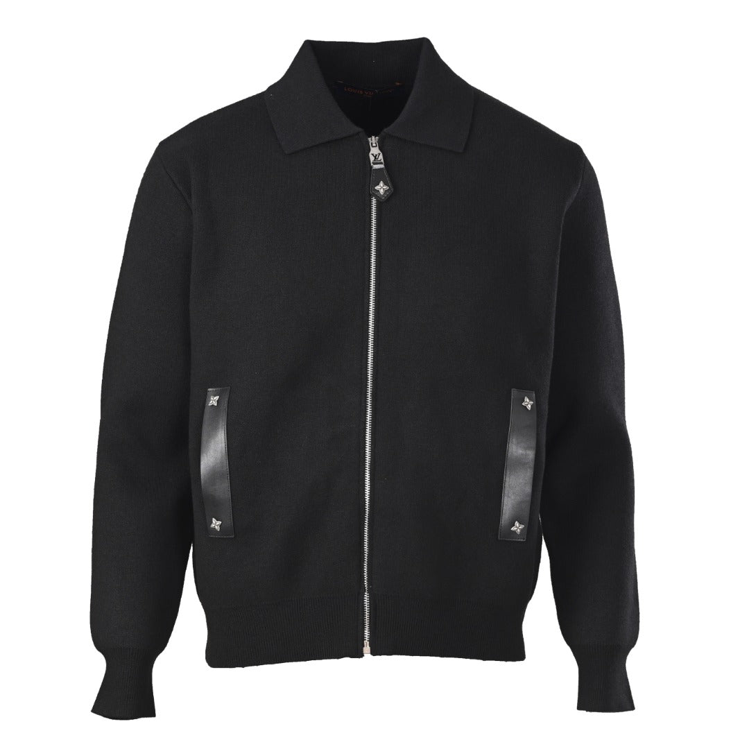 Louis Vuitton Black Leather Trim Full Zip Knit Jacket