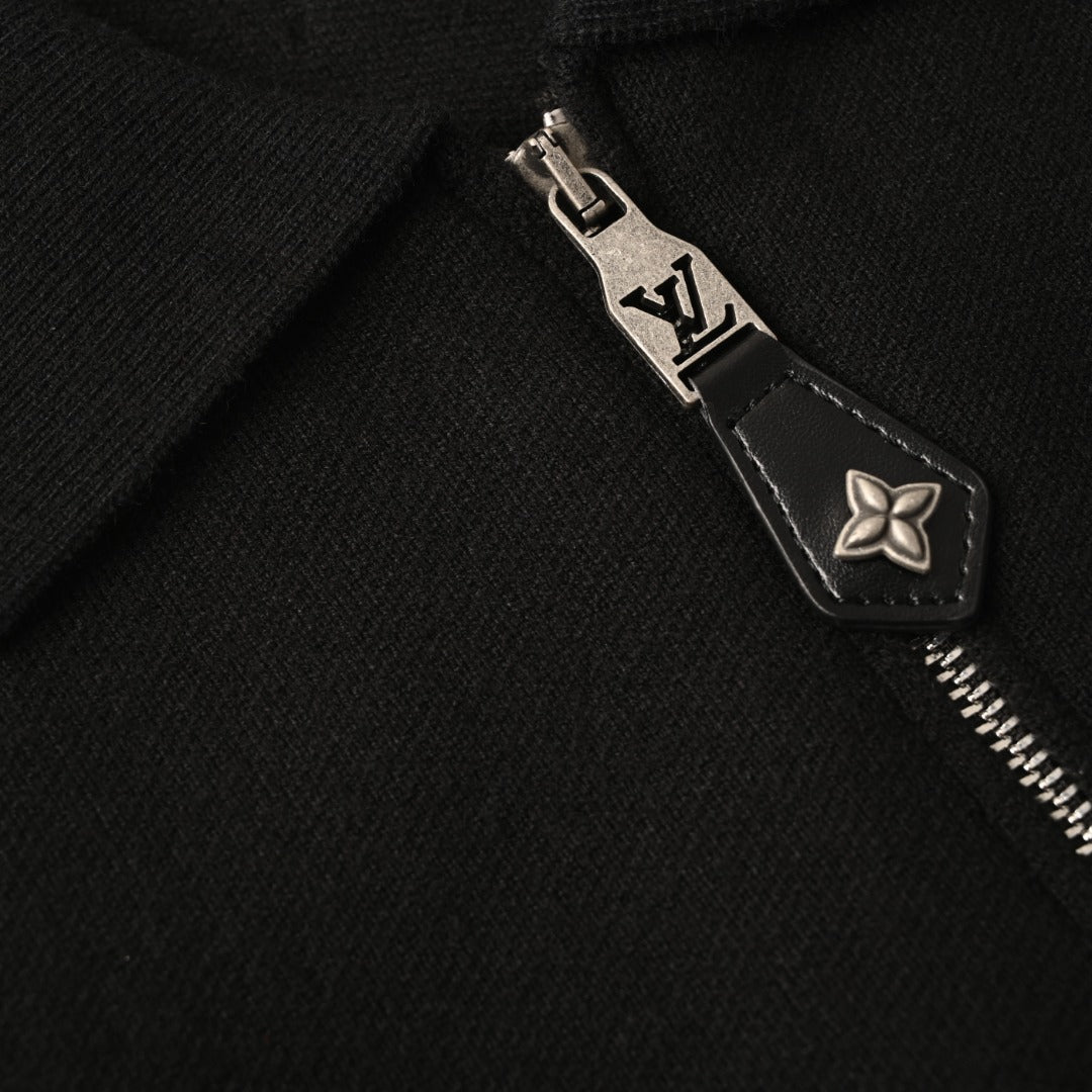 Louis Vuitton Black Leather Trim Full Zip Knit Jacket