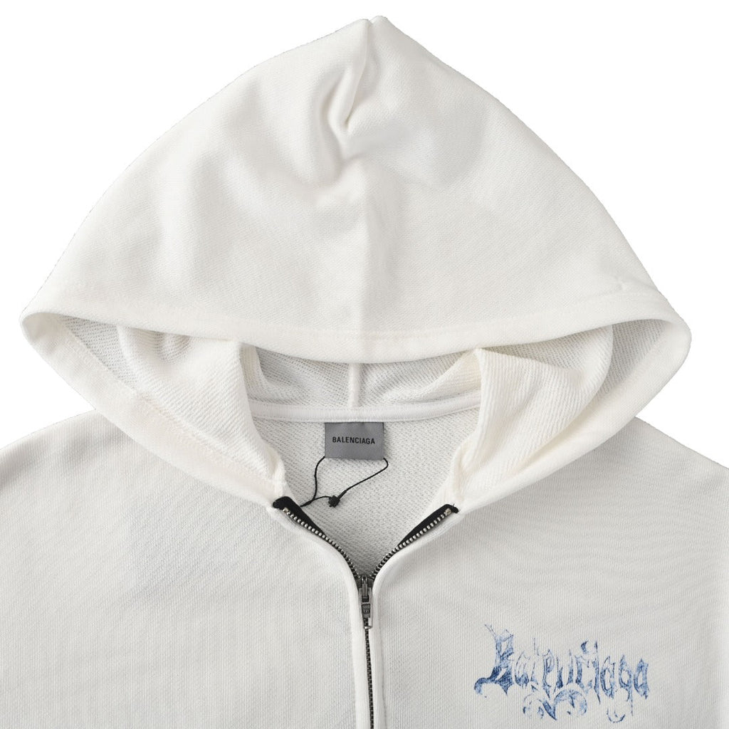 Balenciaga White Gothic Logo Full Zip Hooded Sweatshirt