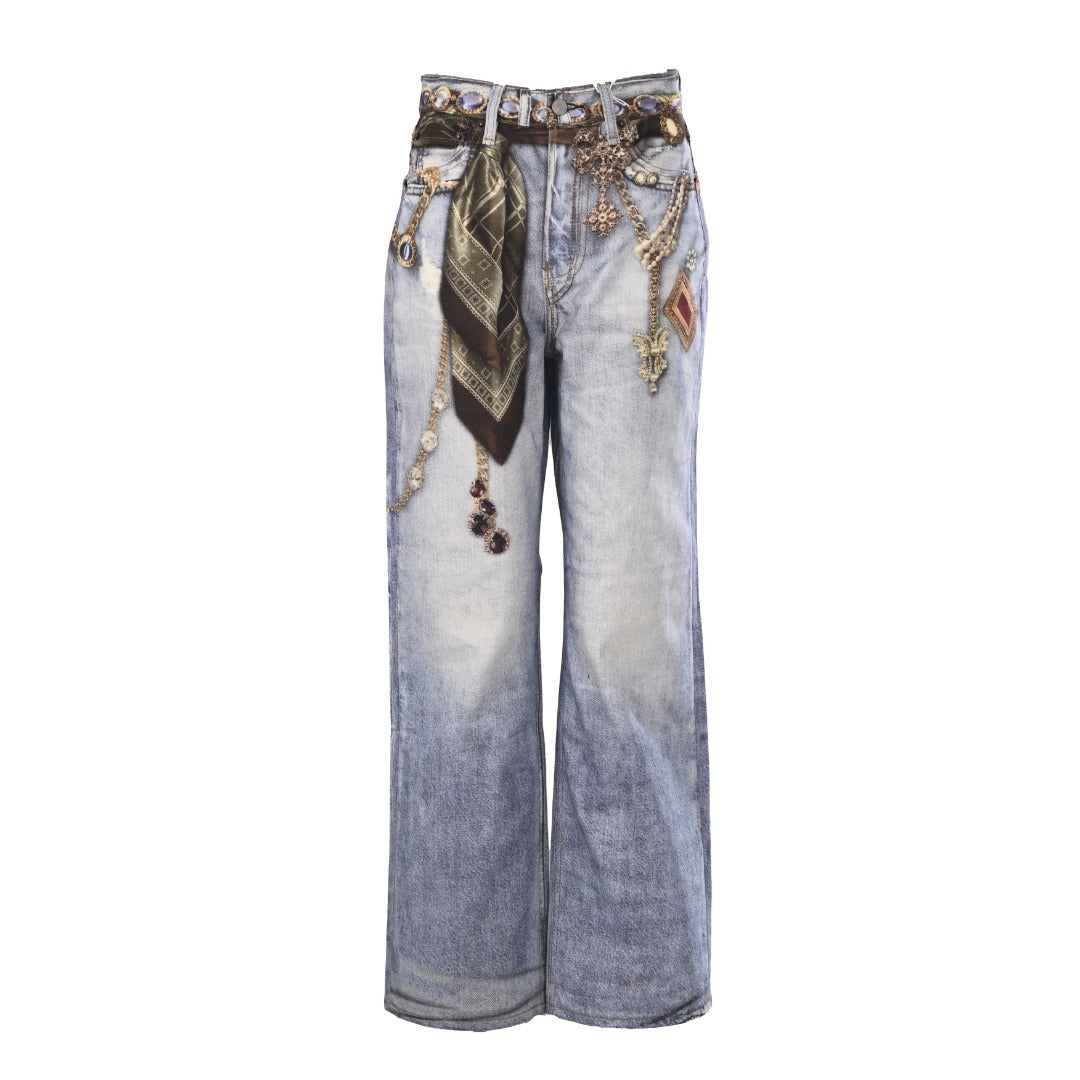 Acne Studios Light Blue Ornament Printed Wide Leg Jeans
