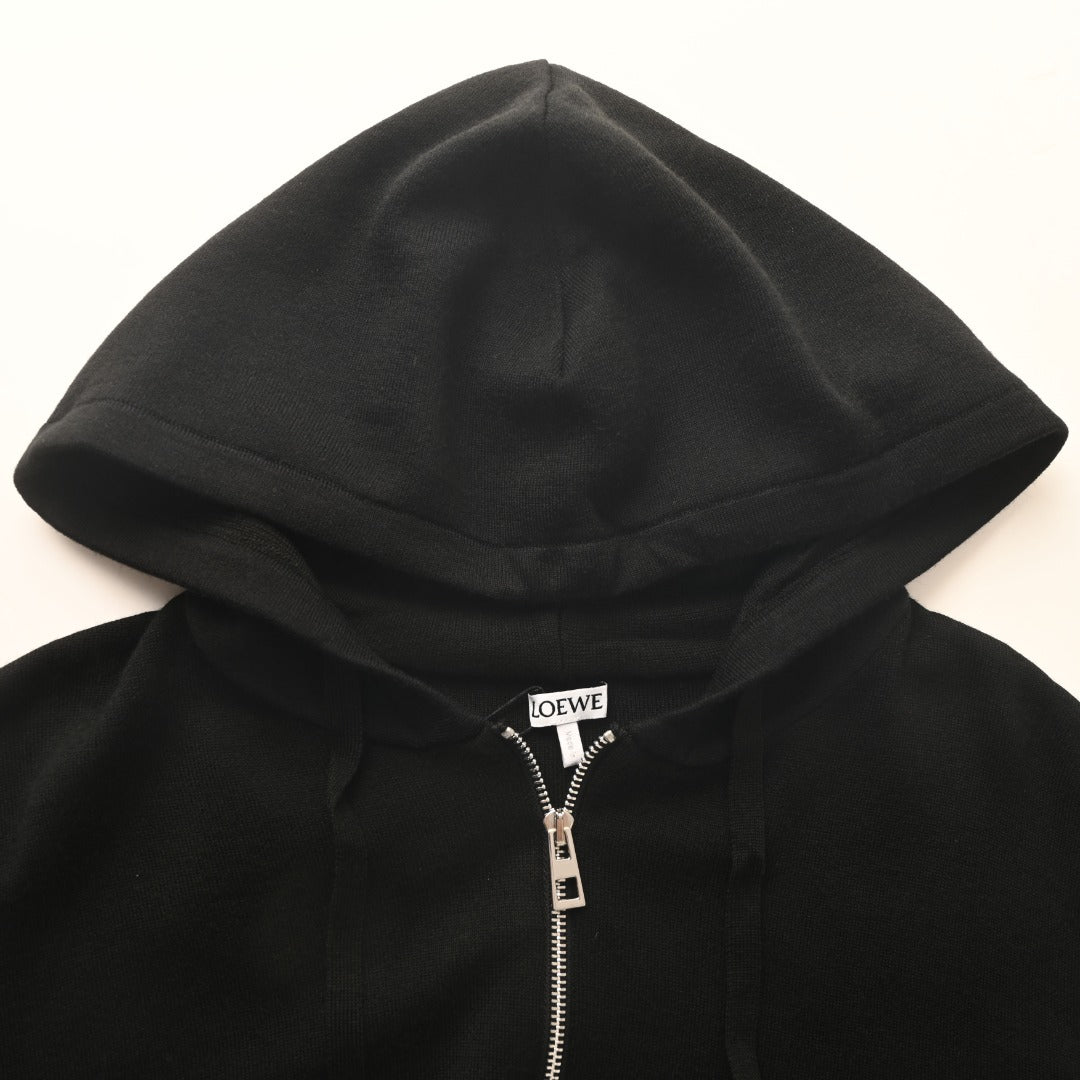 Loewe Black Leather Patch Full Zip Knit Hoodie