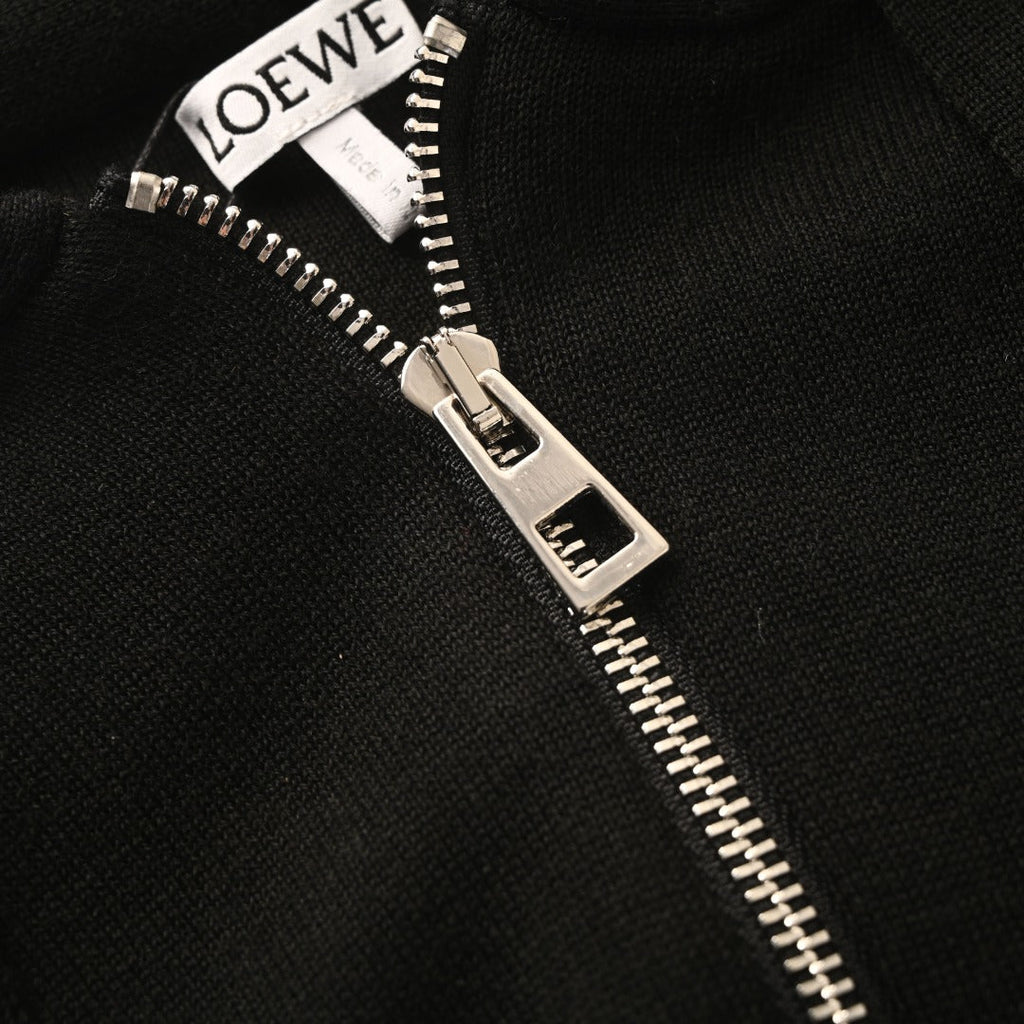 Loewe Black Leather Patch Full Zip Knit Hoodie