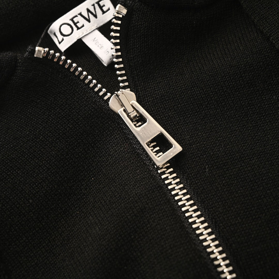 Loewe Black Leather Patch Full Zip Knit Hoodie