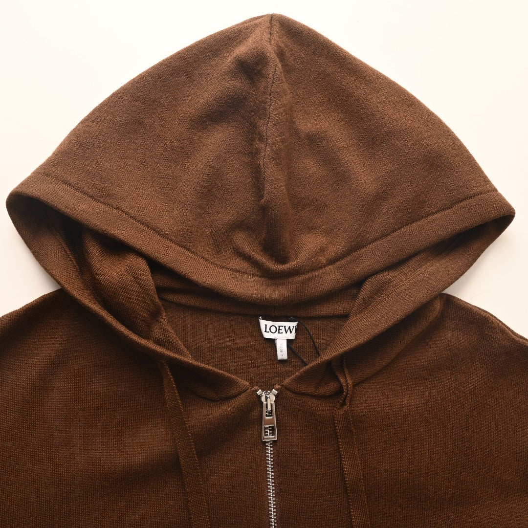 Loewe Brown Leather Patch Full Zip Knit Hoodie
