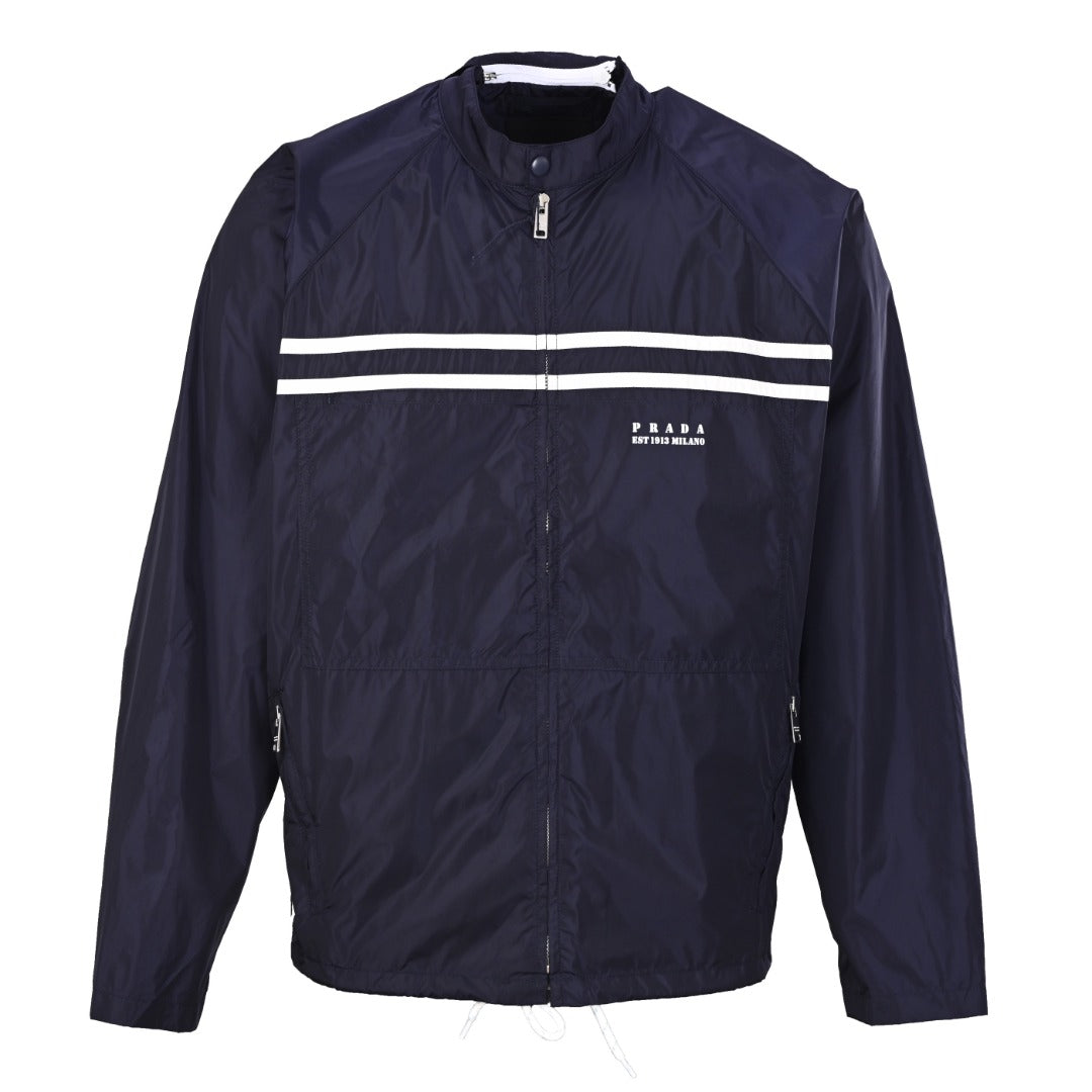 Prada Navy Stripe Logo Hooded Nylon Windbreaker