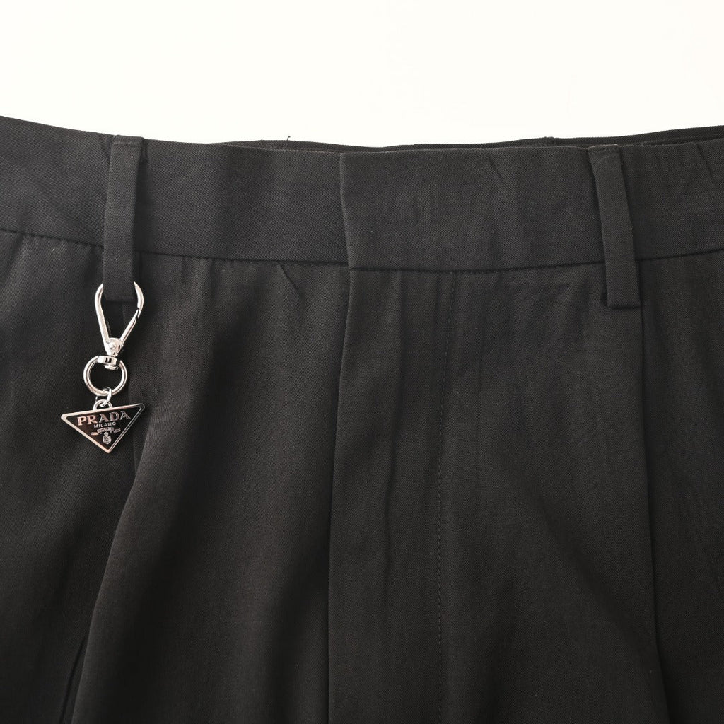 Prada Black Triangle Charm Pleated Straight Leg Trousers