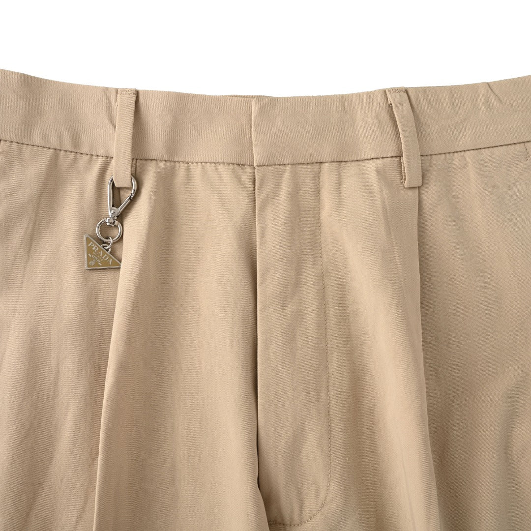 Prada Beige Triangle Charm Pleated Straight Leg Trousers