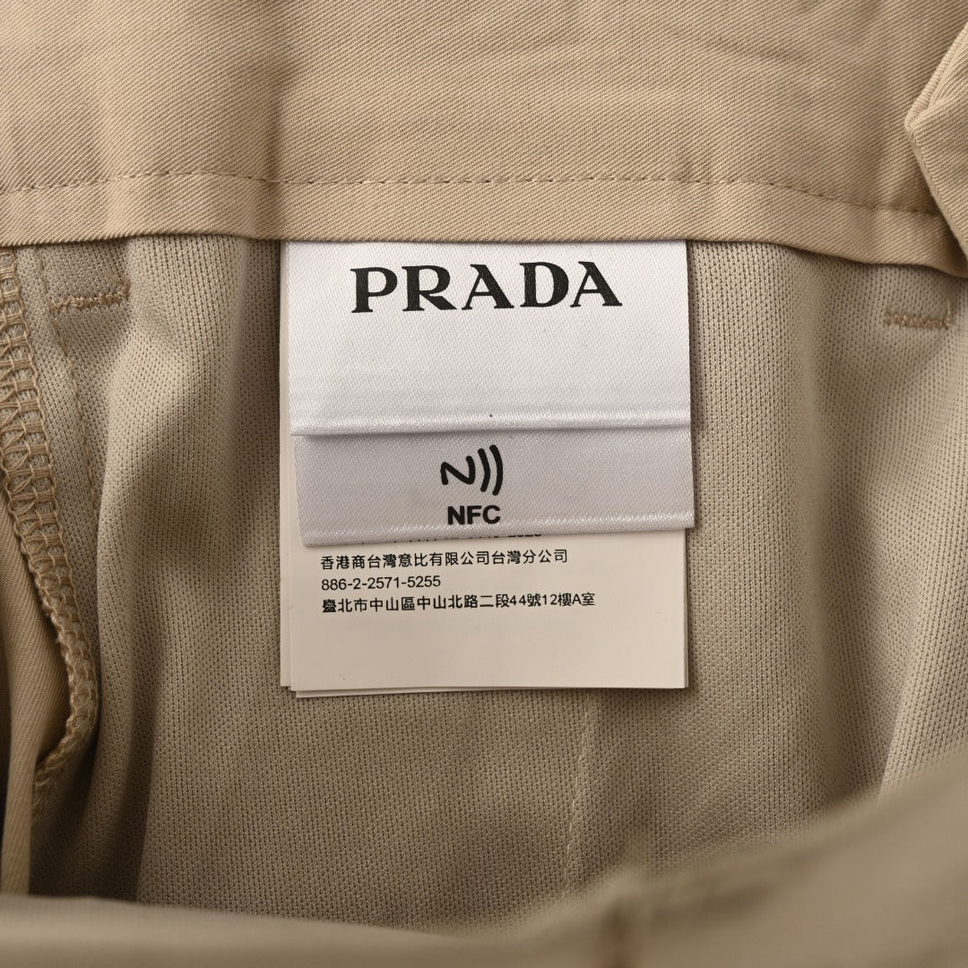 Prada Beige Triangle Charm Pleated Straight Leg Trousers