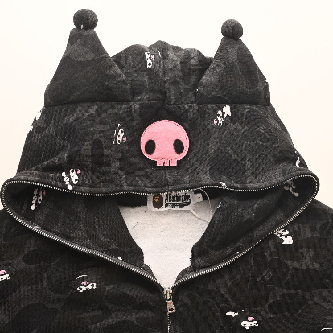 A Bathing Ape x Kuromi Black Camo Full Zip Hoodie