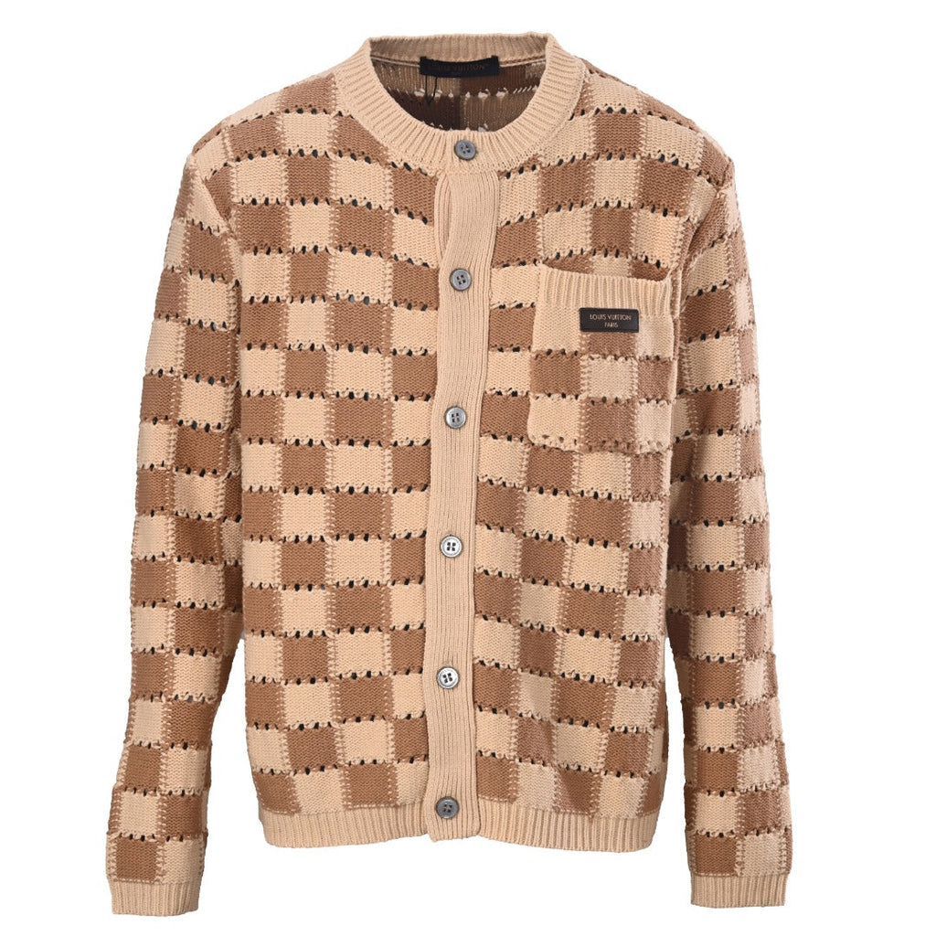 Louis Vuitton Beige Brown Checkered Hollow Knit Cardigan