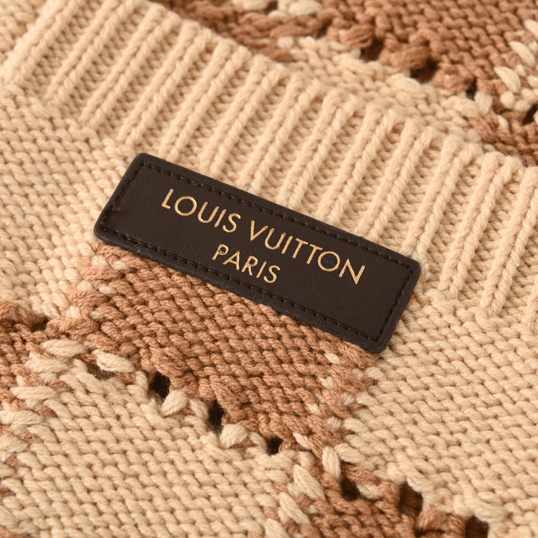 Louis Vuitton Beige Brown Checkered Hollow Knit Cardigan