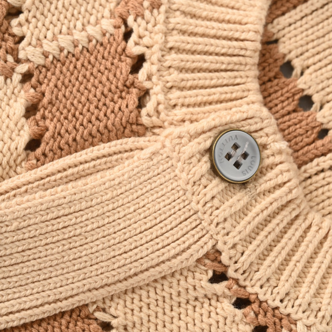 Louis Vuitton Beige Brown Checkered Hollow Knit Cardigan