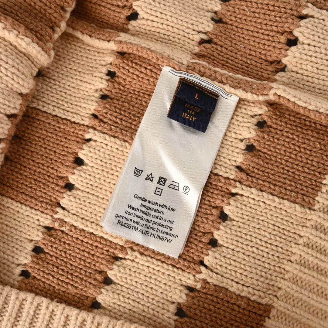 Louis Vuitton Beige Brown Checkered Hollow Knit Cardigan