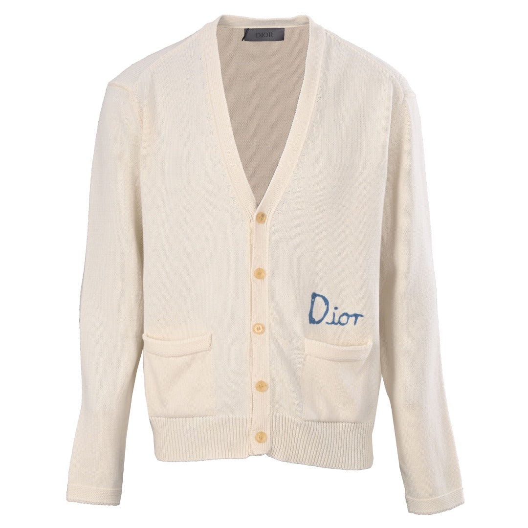 Dior Off White Handwriting Logo V-Neck Knit Cardigan