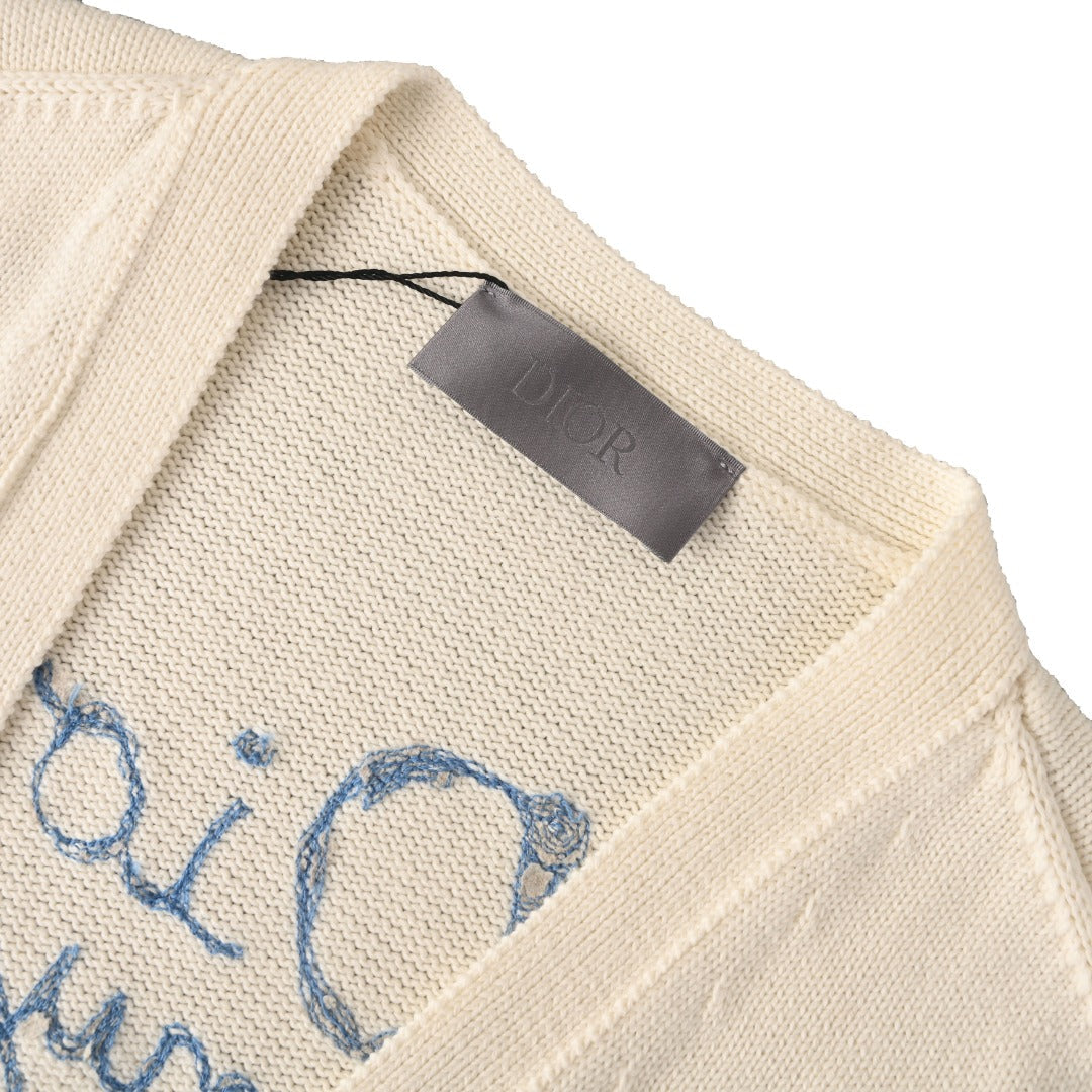 Dior Off White Handwriting Logo V-Neck Knit Cardigan