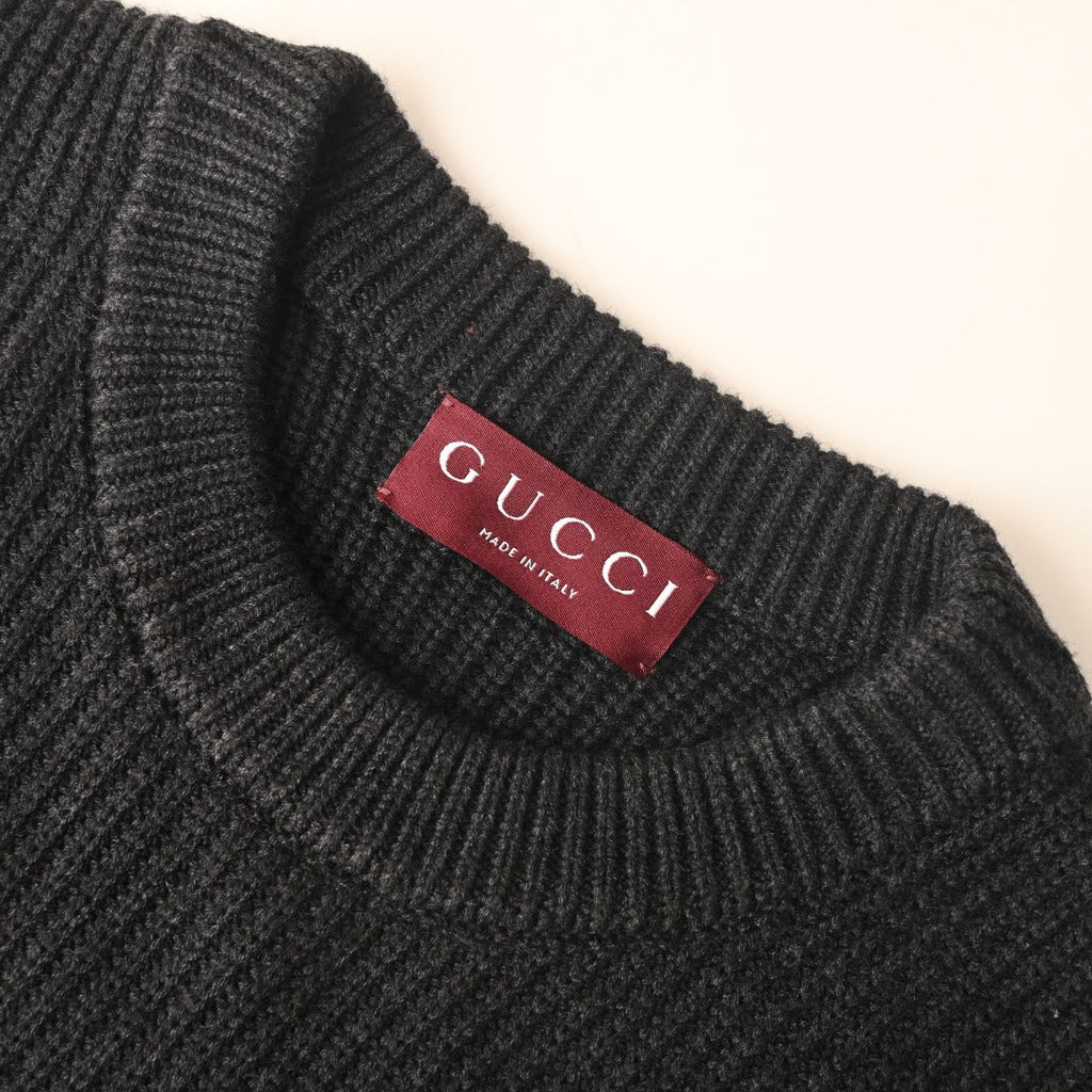 Gucci Dark Grey Ribbed Crew Neck GUCCI Logo Sweater