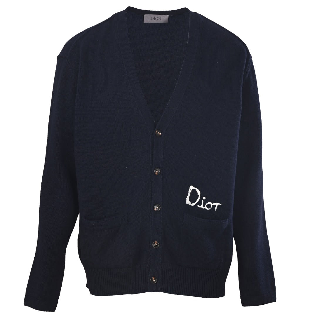 Dior Navy Handwriting Logo V-Neck Knit Cardigan