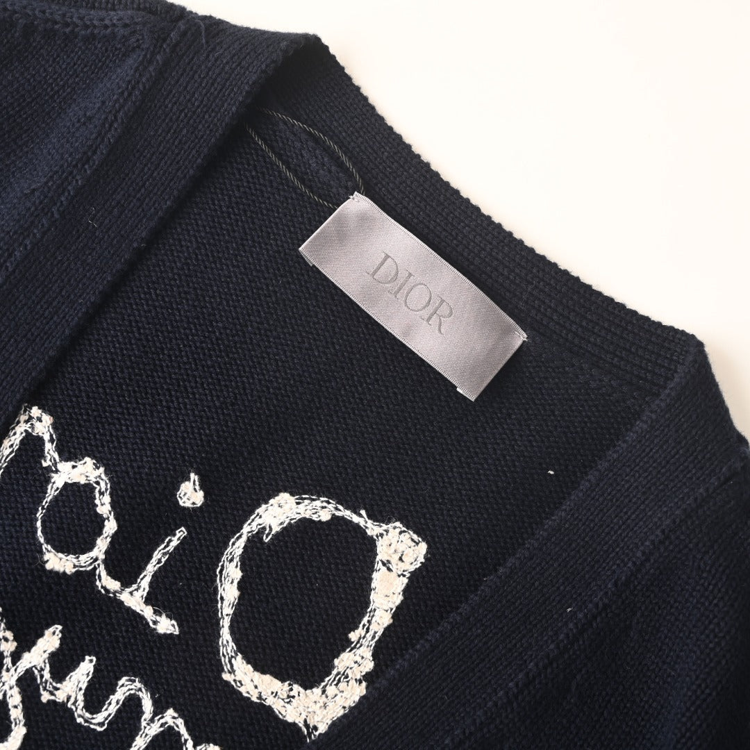 Dior Navy Handwriting Logo V-Neck Knit Cardigan