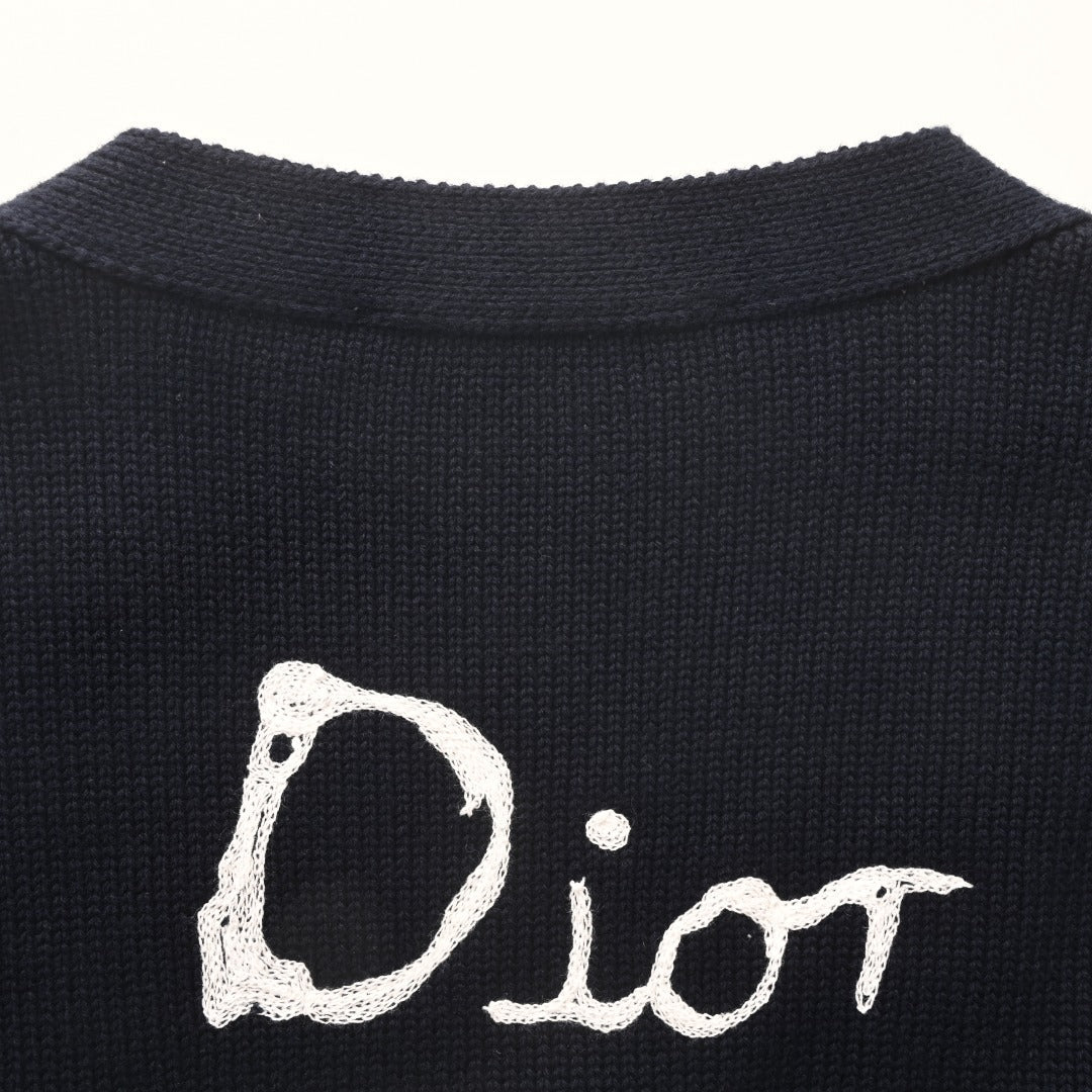 Dior Navy Handwriting Logo V-Neck Knit Cardigan