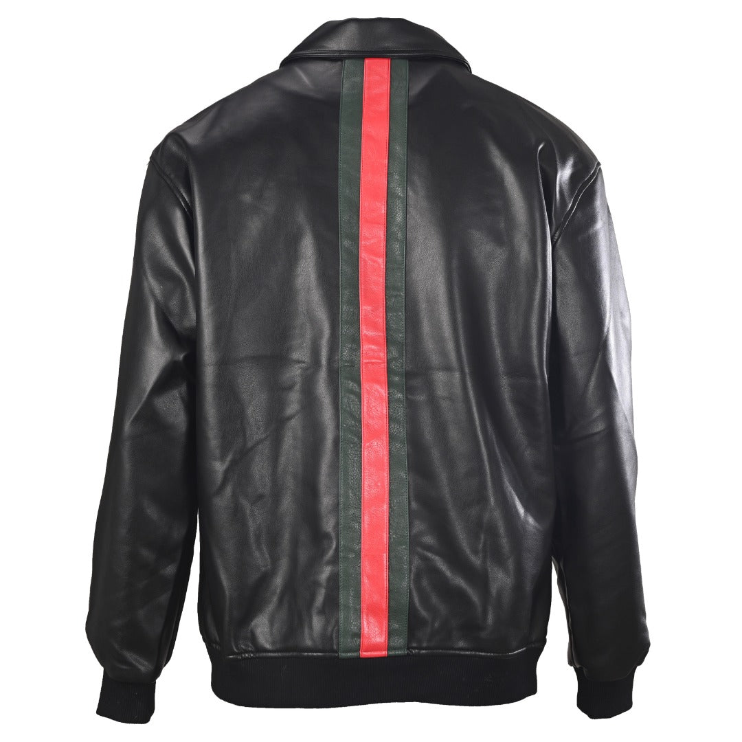 Gucci Black Leather Web Stripe Collared Bomber Jacket