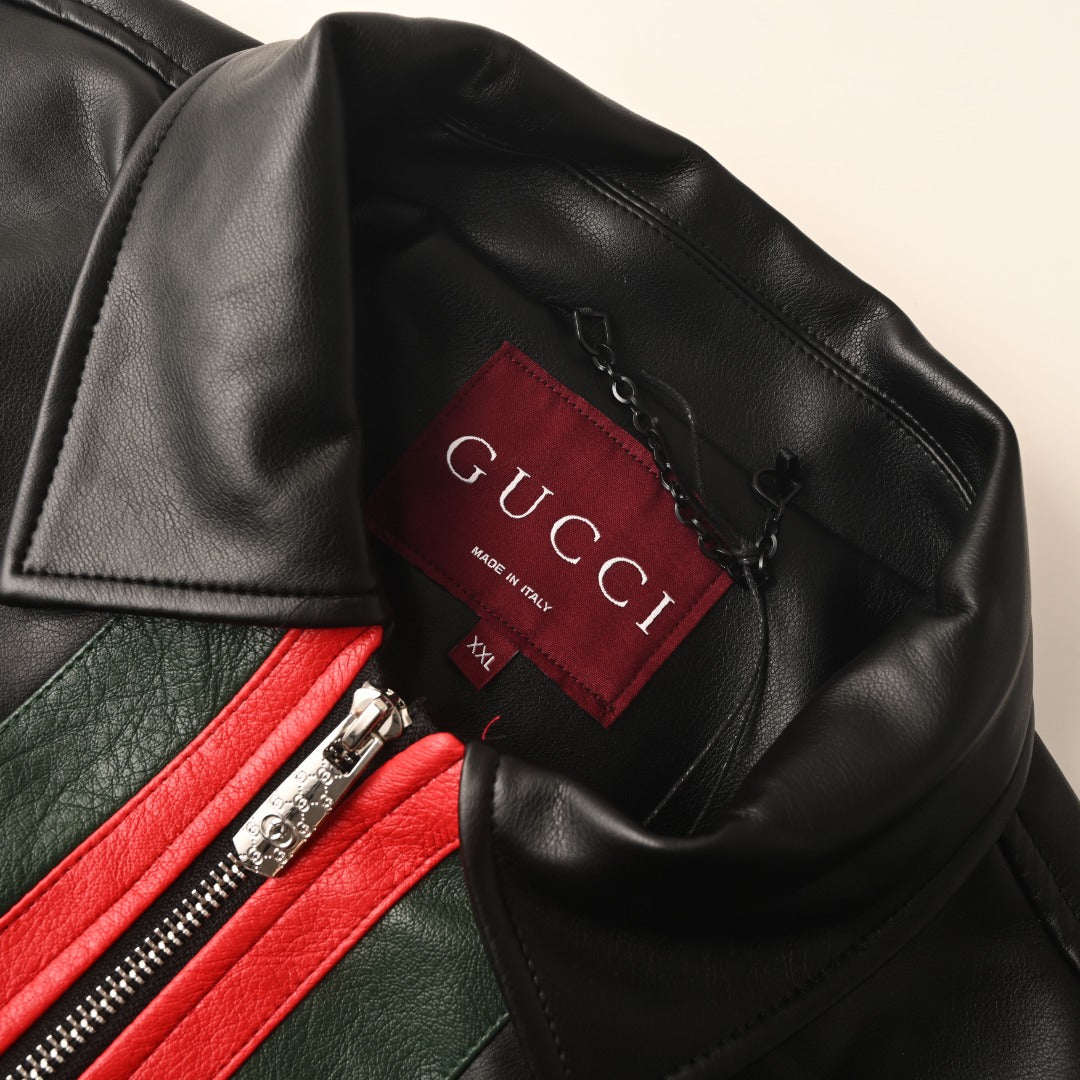 Gucci Black Leather Web Stripe Collared Bomber Jacket