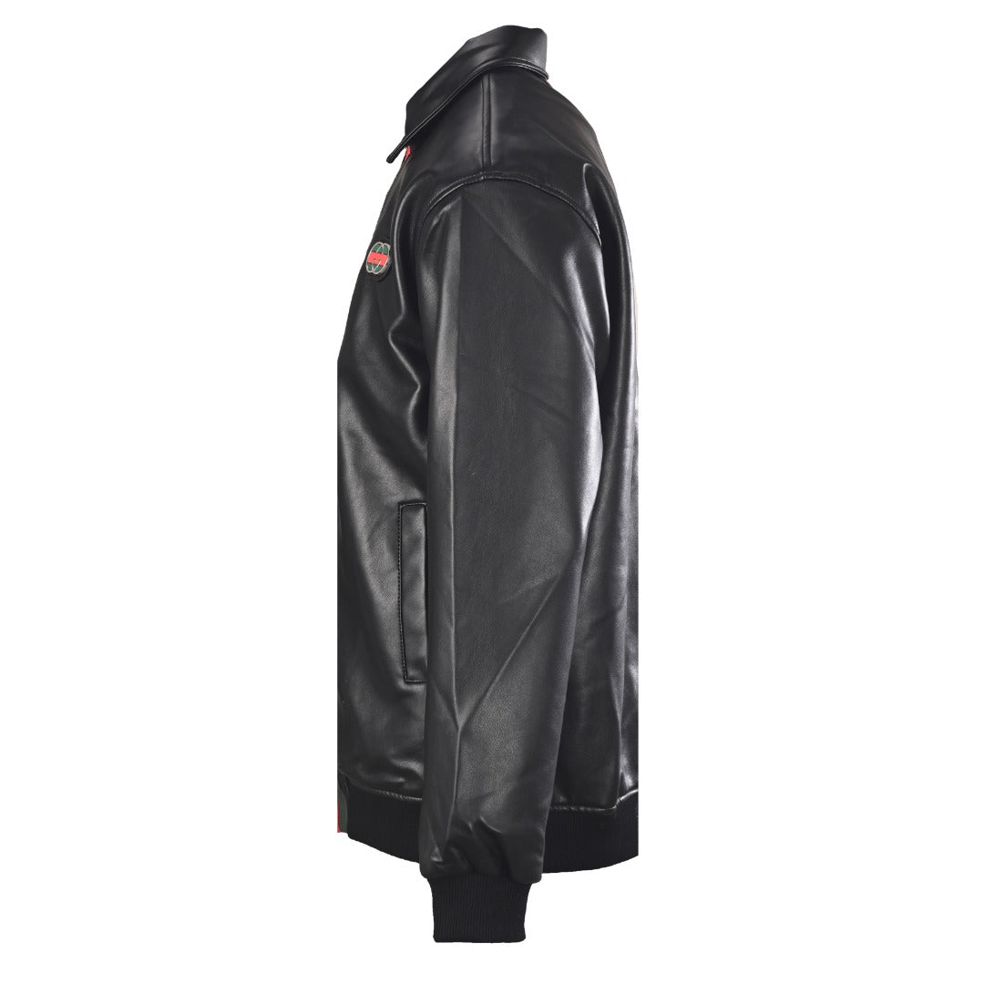 Gucci Black Leather Web Stripe Collared Bomber Jacket