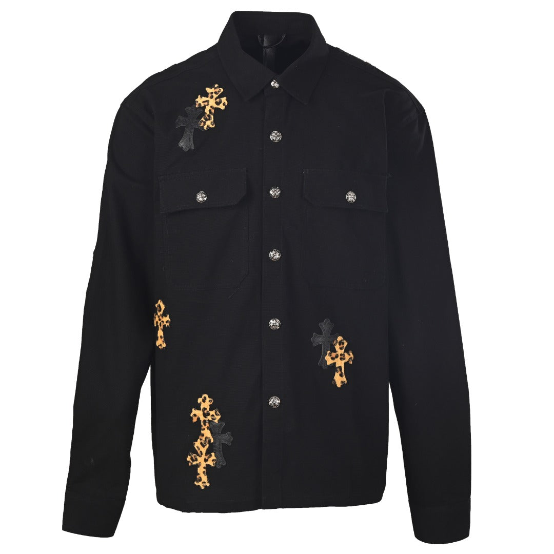 Chrome Hearts Black Leopard Cross Patch Long Sleeve Work Shirt