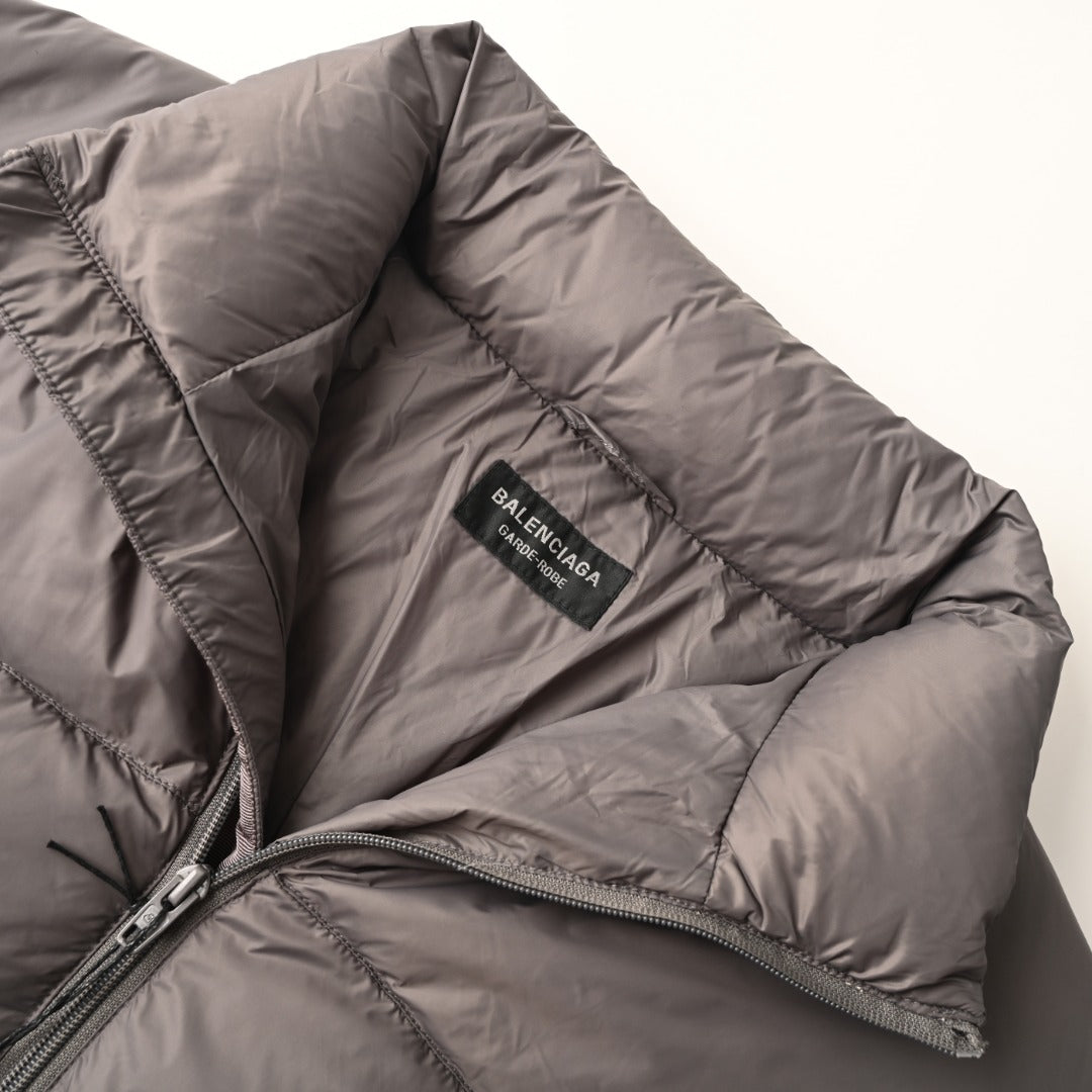 Balenciaga Taupe Embroidered Logo Stand Collar Puffer Jacket