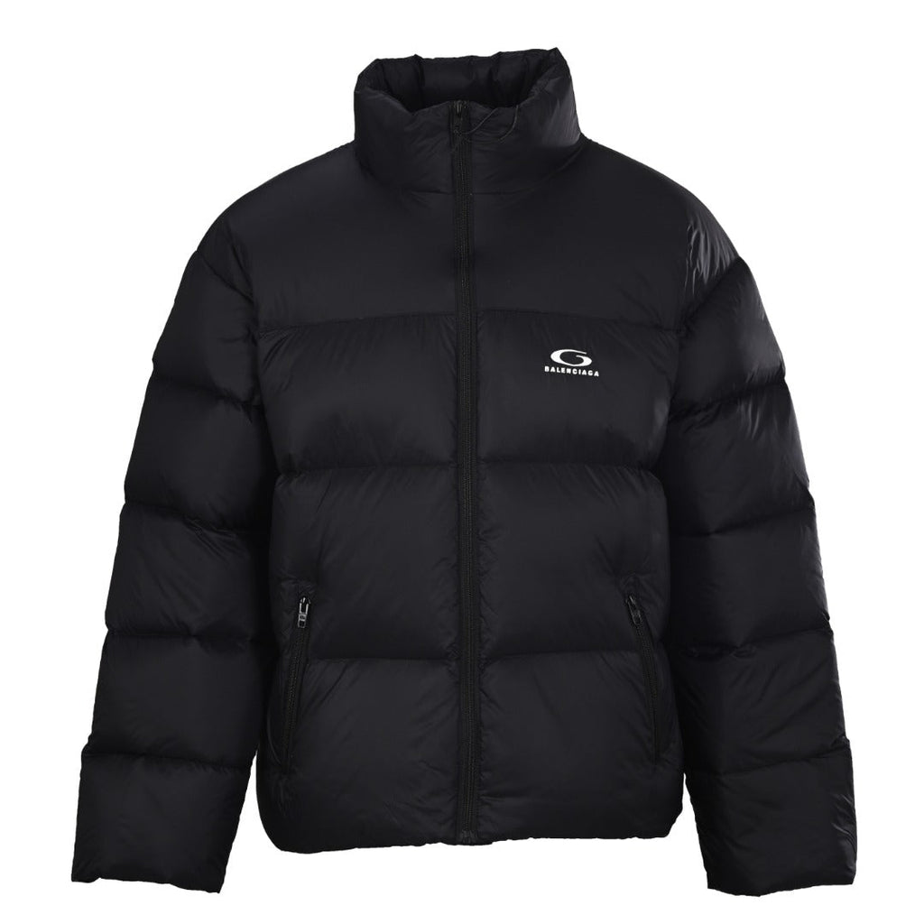 Balenciaga Black Embroidered Logo Stand Collar Puffer Jacket