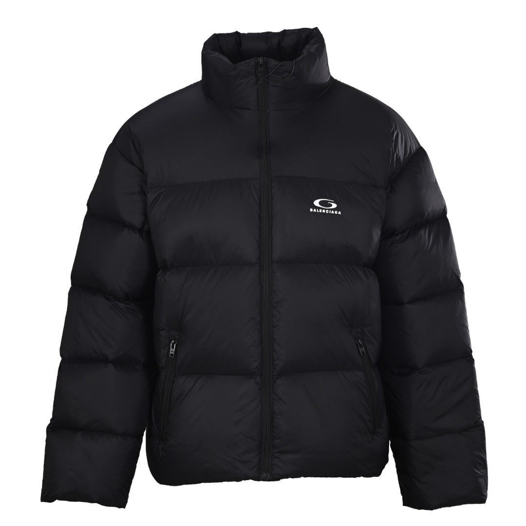Balenciaga Black Embroidered Logo Stand Collar Puffer Jacket