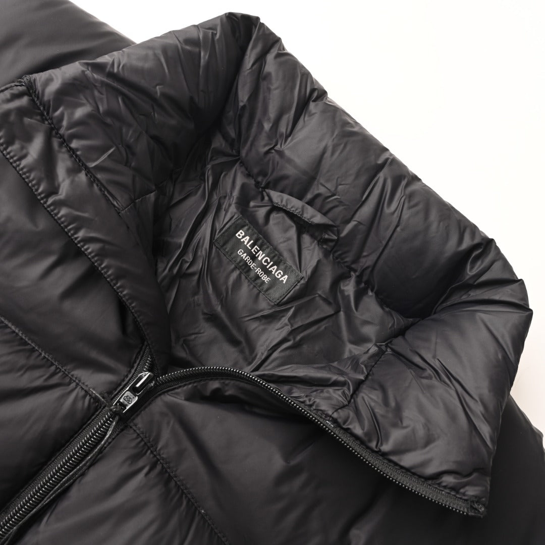 Balenciaga Black Embroidered Logo Stand Collar Puffer Jacket