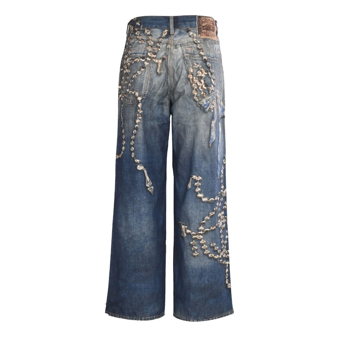 Acne Studios Blue Bear Chain Print Wide Leg Jeans