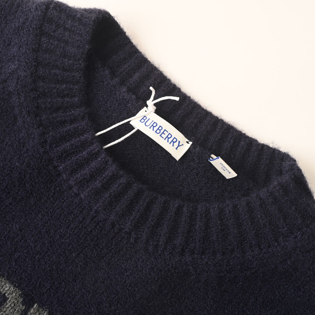 Burberry Navy Equestrian Knight Logo Crew Neck Knit Sweater