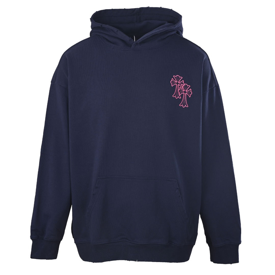 Chrome Hearts Navy Pink Cross Embroidered Pullover Hoodie