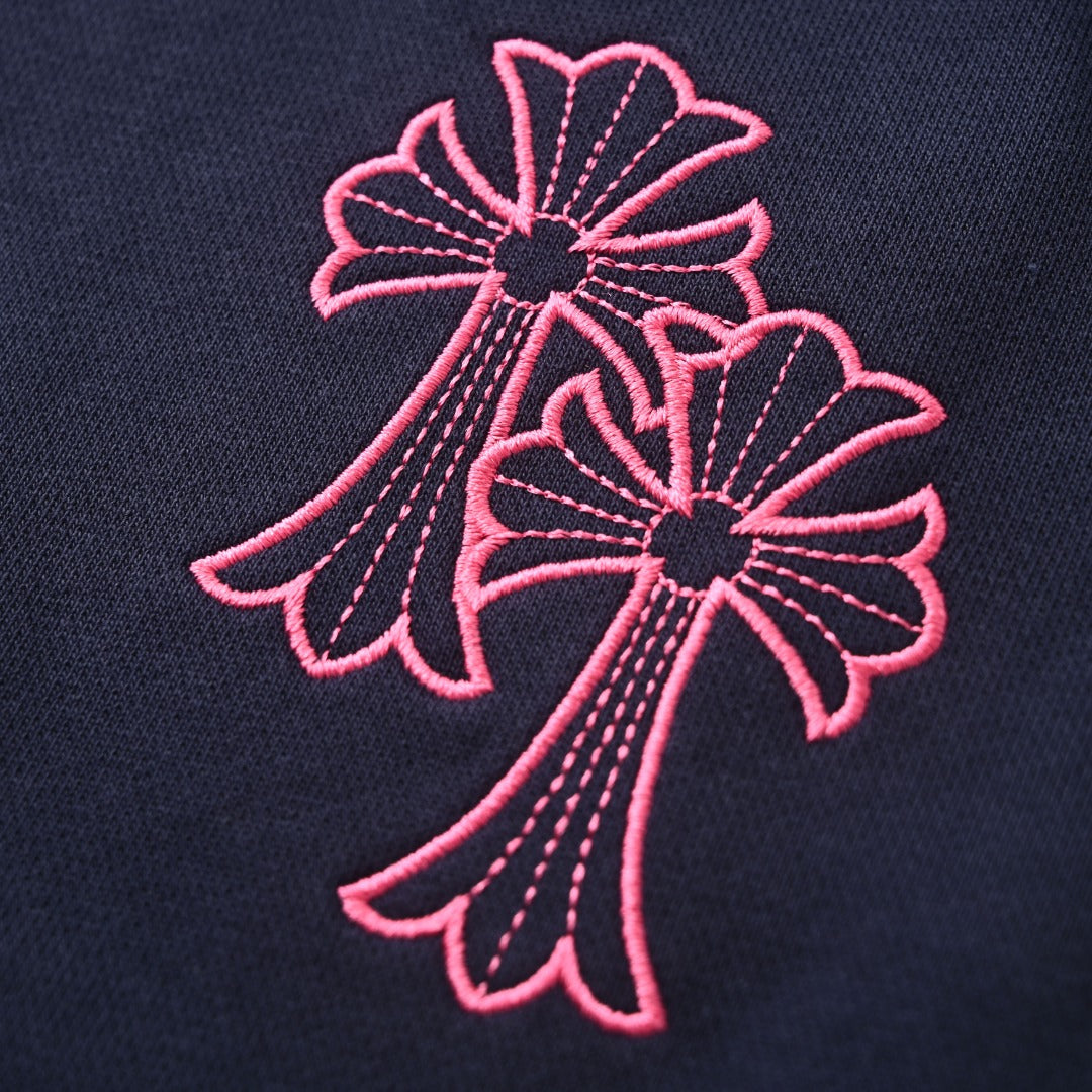Chrome Hearts Navy Pink Cross Embroidered Pullover Hoodie