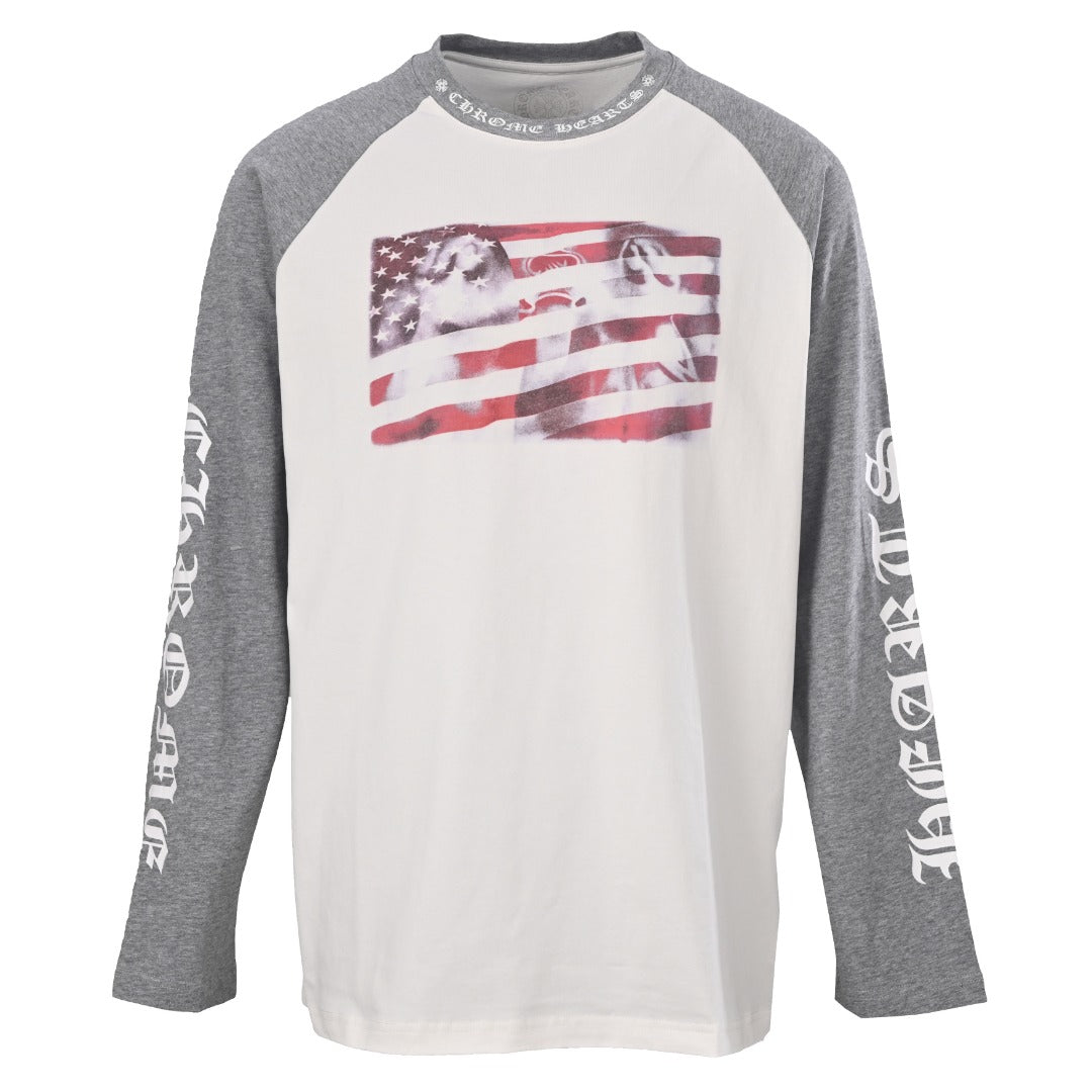 Chrome Hearts Grey White Raglan Sleeve Flag Print Long Sleeve Tee