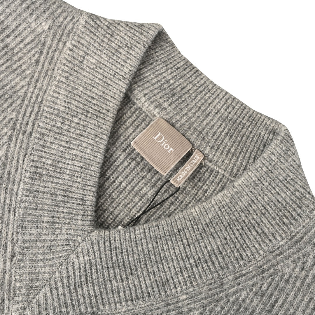 Dior Grey Ribbed V-Neck Logo Knit Sweater