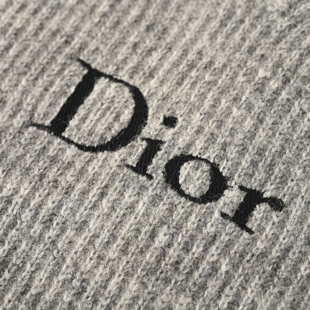 Dior Grey Ribbed V-Neck Logo Knit Sweater